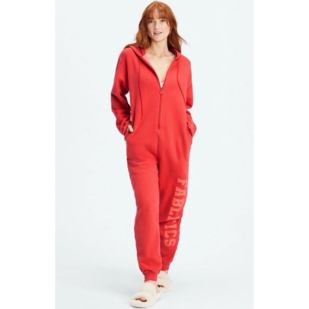 FABLETICS Women's Large One Piece Jumper Cherry Red Forever Fleece Hooded Lounge